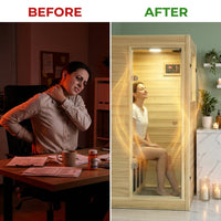 Far Infrared Sauna European Aspen Wood 1 Person Infrared Sauna for Home 905W Low EMF Mini Indoor Sauna with Bluetooth Speakers, Right Door — Before & After