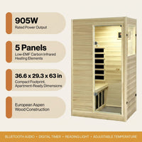 Far Infrared Sauna European Aspen Wood 1 Person Infrared Sauna for Home 905W Low EMF Mini Indoor Sauna with Bluetooth Speakers, Right Door — Results & Stats
