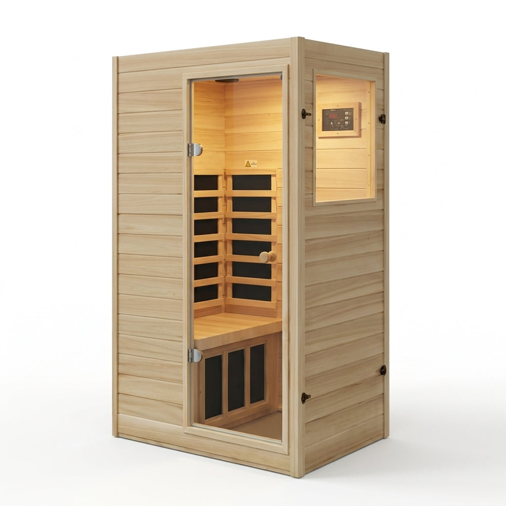Far Infrared Sauna European Aspen Wood 1 Person Infrared Sauna for Home 905W Low EMF Mini Indoor Sauna with Bluetooth Speakers, Right Door — Studio Shot