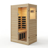 Far Infrared Sauna European Aspen Wood 1 Person Infrared Sauna for Home 905W Low EMF Mini Indoor Sauna with Bluetooth Speakers, Right Door — Studio Shot